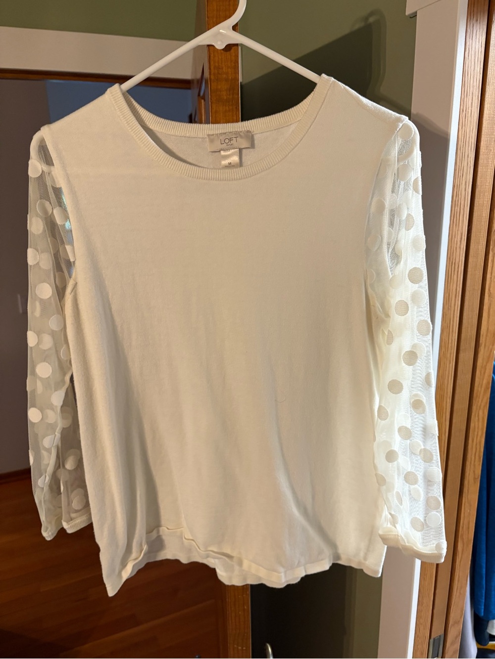 LOFT Cream Long-Sleeve Top with Polka Dot Mesh Sleeves